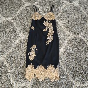Vintage Cache Black Slip Dress Beaded applique 90s